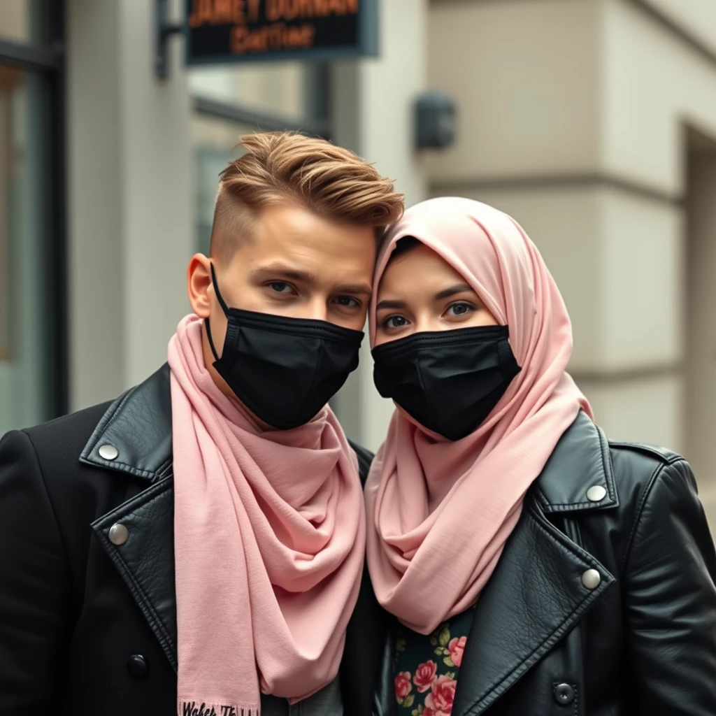 Jamie Dornan's face, hair, and body shot, handsome, young, shaved, face mask black, black coat suit, dating love with the biggest soft pink hijab girl, black leather jacket, face mask black, biggest floral skirt, hyper-realistic, street photography.