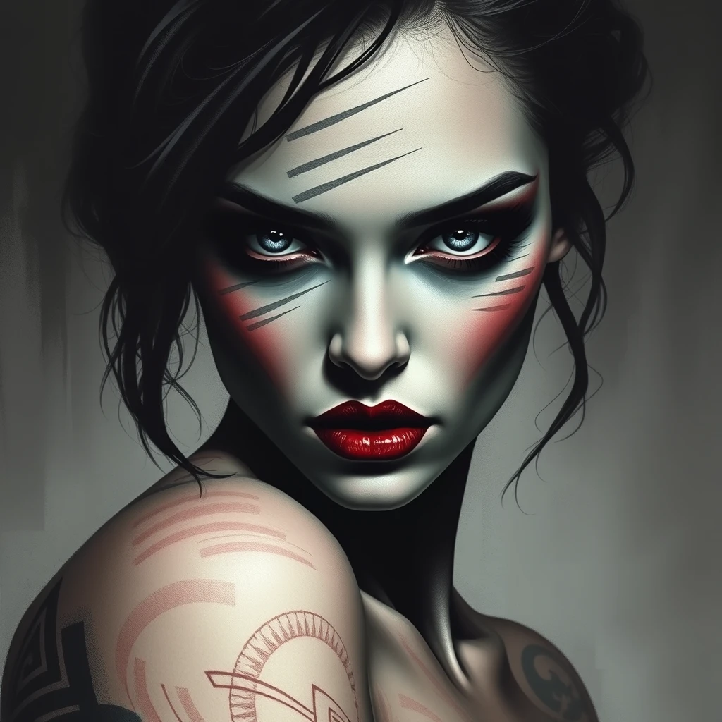 A beautiful mysterious woman's face with thick paint strokes, double lines, optical illusions, sleeve tattoo style, sultry looking. - Image