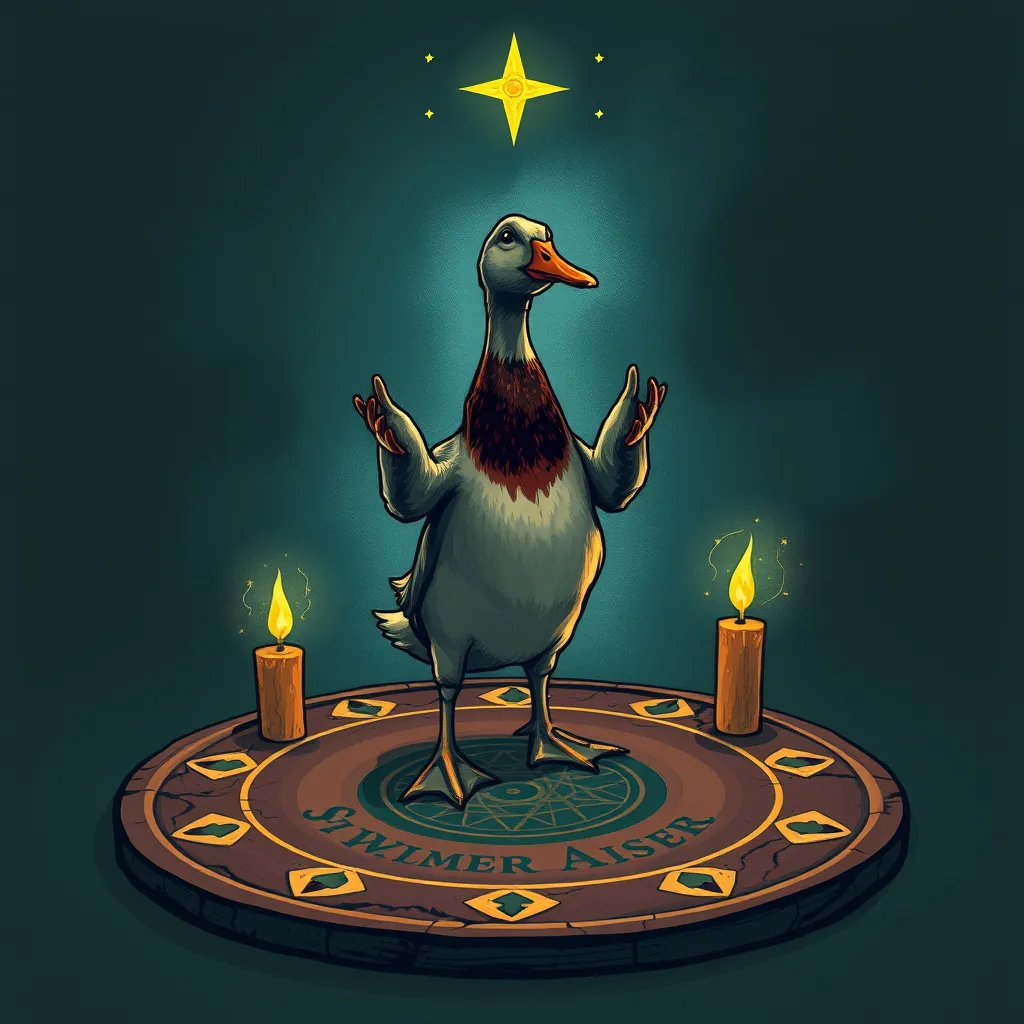 Duck performing a ritual standing within a magic circle.