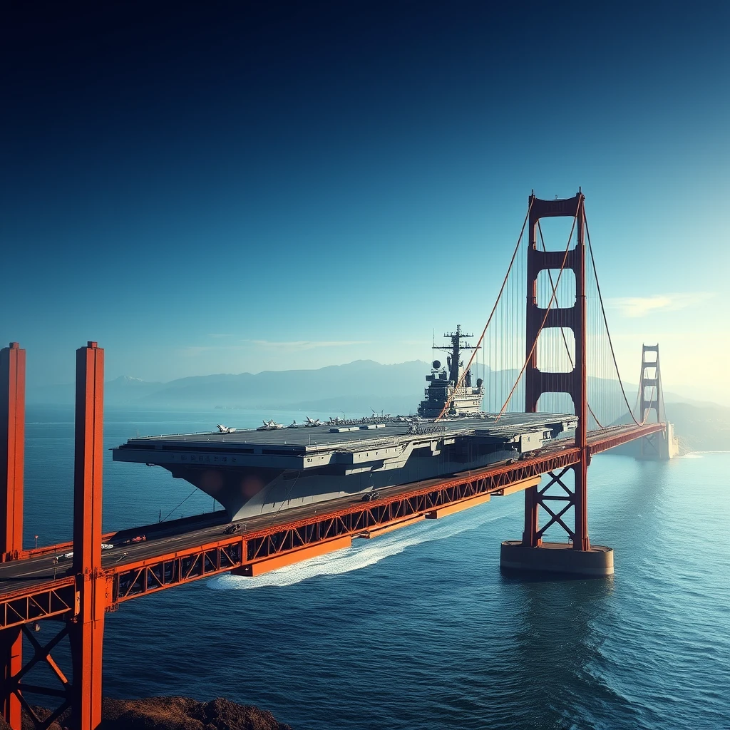 A high quality, photorealistic image of a massive, near-future nuclear aircraft carrier crossing under the Golden Gate Bridge into the San Francisco Bay.