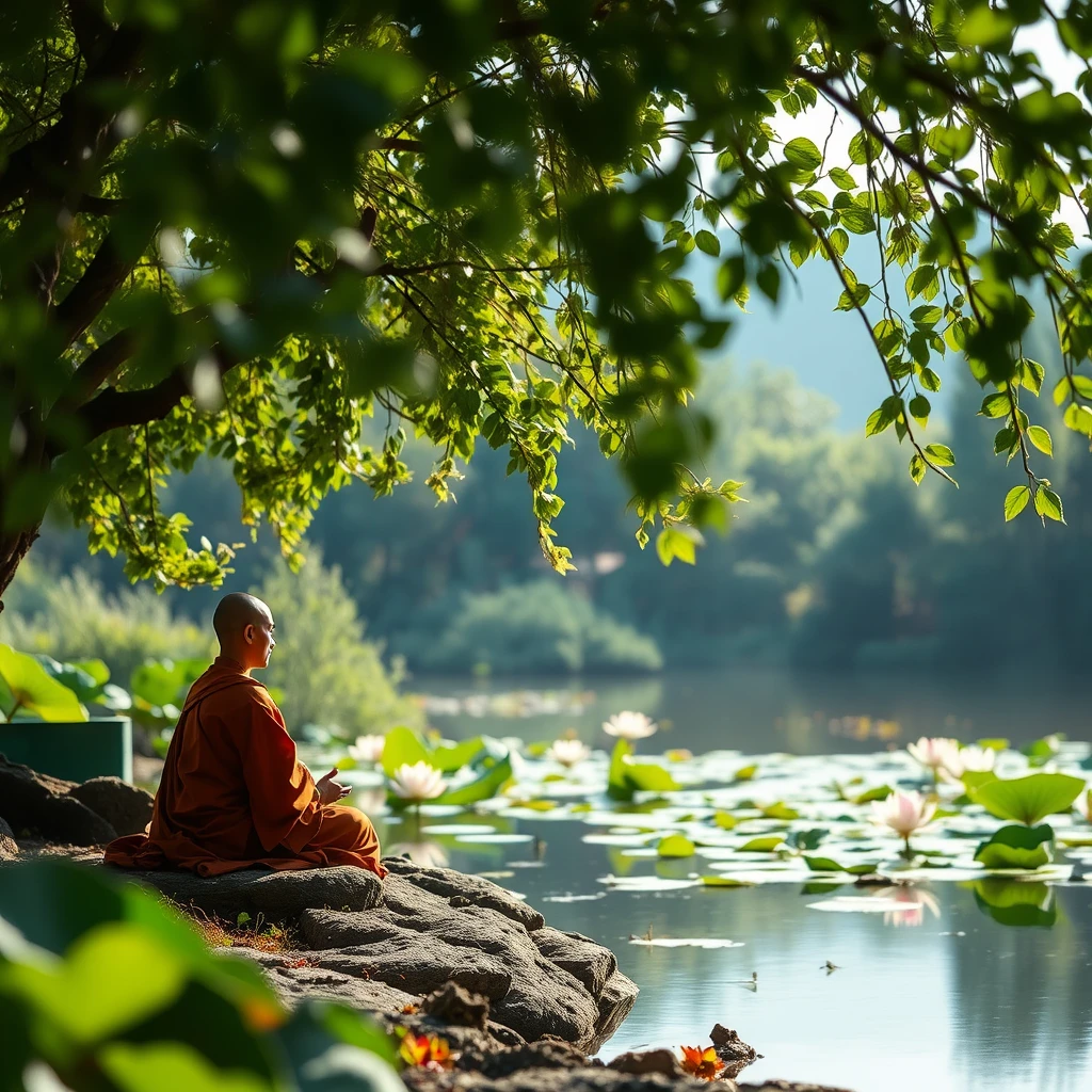 In the serene embrace of nature, a gentle breeze rustles the leaves, creating a soothing melody. By the lotus pond, a monk sits in meditation, embodying tranquility and peace. The scene is a perfect blend of natural beauty and spiritual calmness. - Image