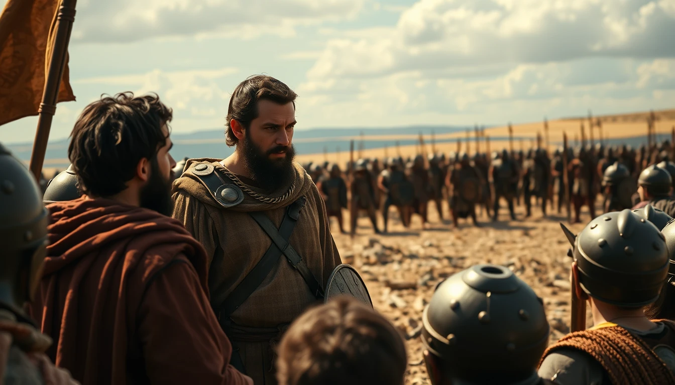 A young dark-haired Jewish shepherd is arguing with an Israelite king to fight against Goliath. The king is wearing bronze-age soldier garments. In the foreground, the Israelite soldiers are gathered around the two men. In the background, on the distant horizon, stands the Philistine army.