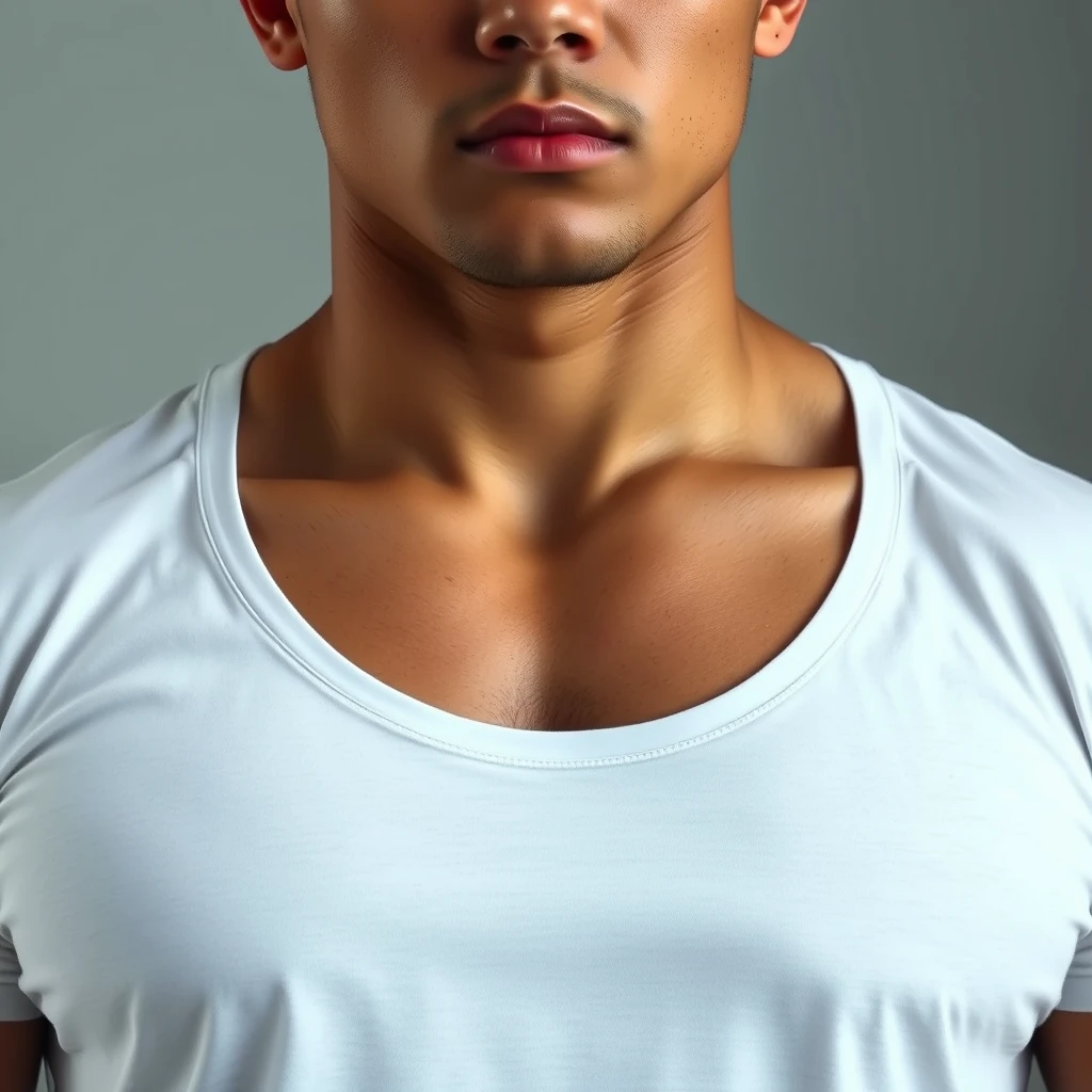 Upper body portrait, muscular beefy Asian male, wearing a white T-shirt, buzz cut, 4k, detail, hd, realistic, masterpiece. - Image