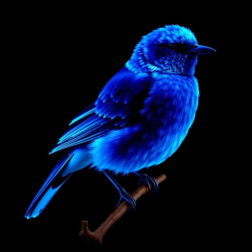 A glowing blue bird with a black background, the whole body of the bird, standing on a branch.