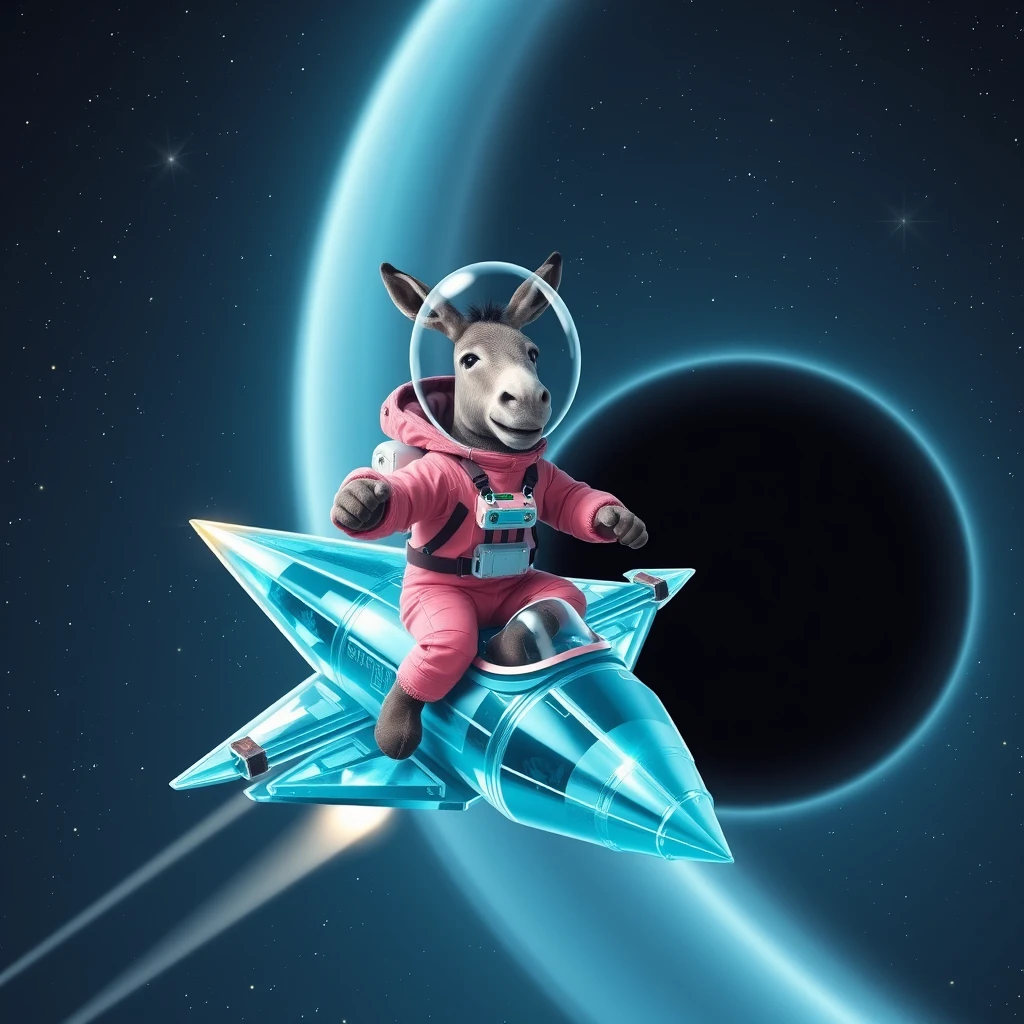 An ambitious donkey wearing pink astronaut costume, riding on a crystal stunning cyan spaceship, making a punching gesture, flying to the outerspace under a clear night sky with lots of shining stars, passing by a huge black-hole. Realistic style.