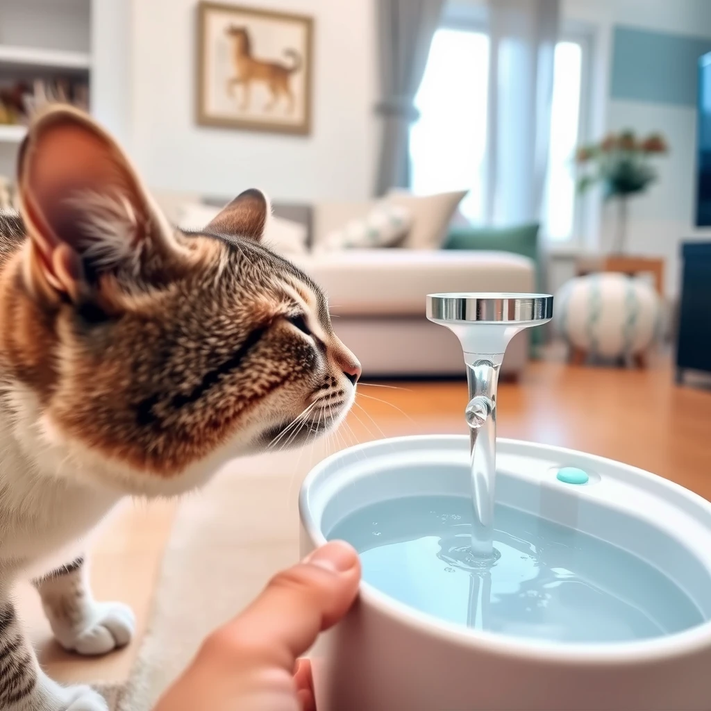 A cat drinking water from a pet water fountain, captured from the perspective of a mobile phone. The scene is indoors, with the cat's face close to the water stream that bubbles up from the fountain. The pet water fountain has a sleek, modern design, and the environment is well-lit with natural lighting. The cat is focused on drinking, and the image shows a clear, detailed view of its head and upper body. The background includes a hint of home decor, indicating a cozy living space.
