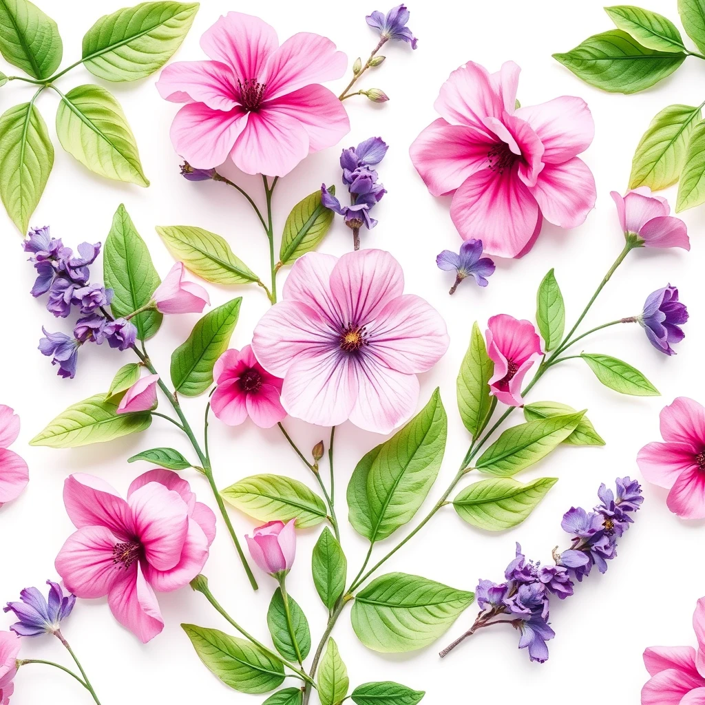 white background, pink and purple flowers, green leaves, floral pattern, fresh nature, watercolor style, spring floral decoration