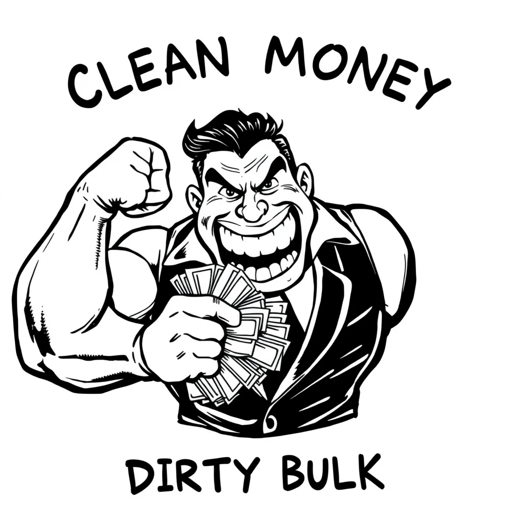 A 50s dot comic ink black monochromatic style of a muscular business gigachad with a wide jaw flexing while holding a wad of cash. Text says “Clean Money Dirty Bulk.”