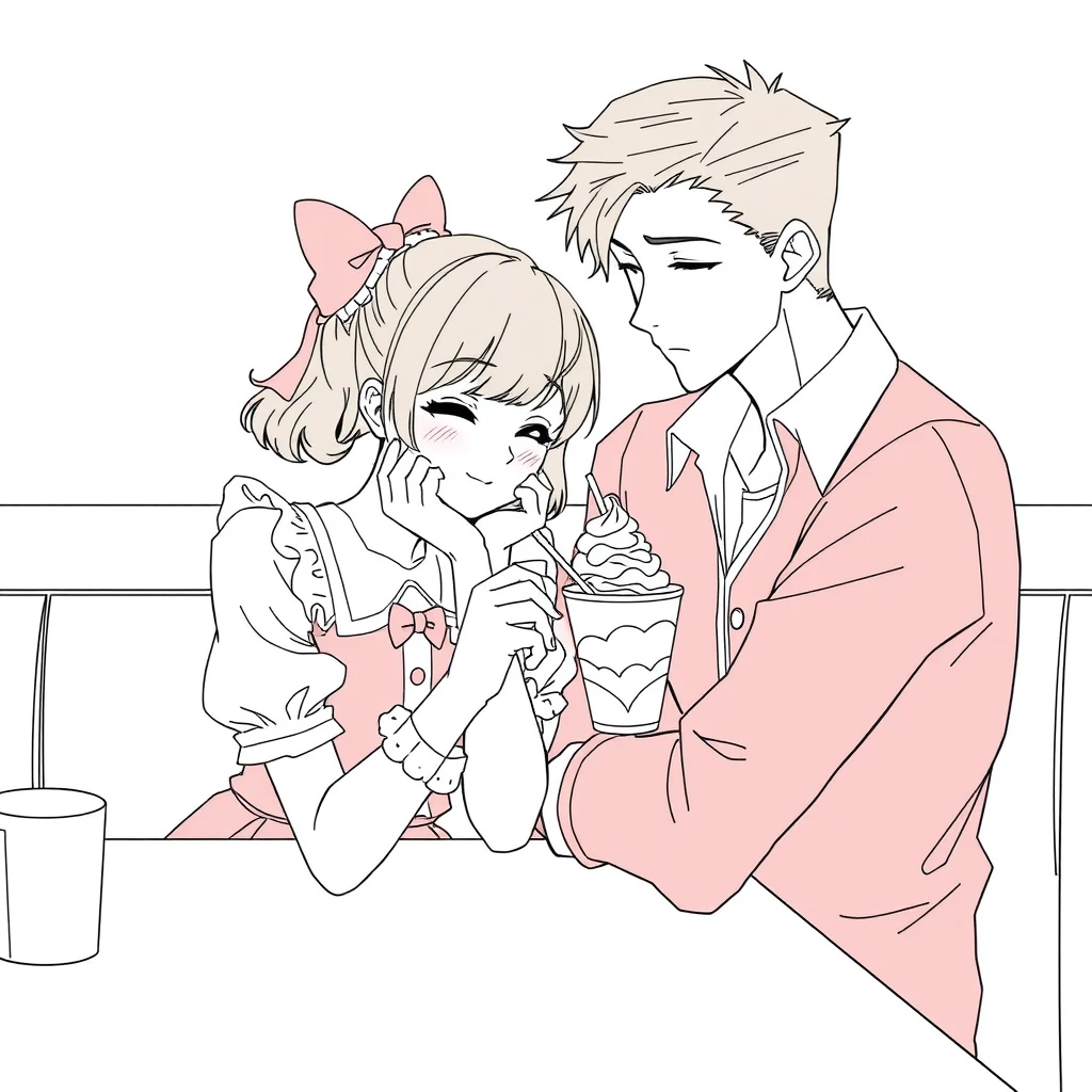 The boy was sitting and gently feeding his girlfriend a cup of ice cream, and the girl, wearing a lolita dress, looked happy, resting her cheeks in her hands on the table. The boy is tall and handsome. Anime line art.