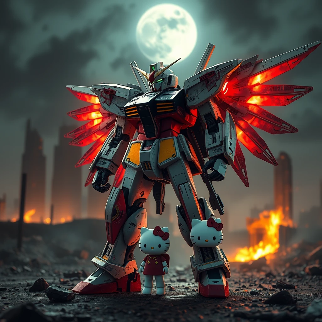 hype realistic gundam wing mech standing in a dystopia battlefield, realistic reflections, battle damage on the gundam, smoldering ruins, 8k, cinematic, dynamic camera angle, atmospheric lighting, dark and gritty, moonlight, realistic surfaces, sharpened image, bokeh, depth of field, female hello kitty pilot by the gundam's foot