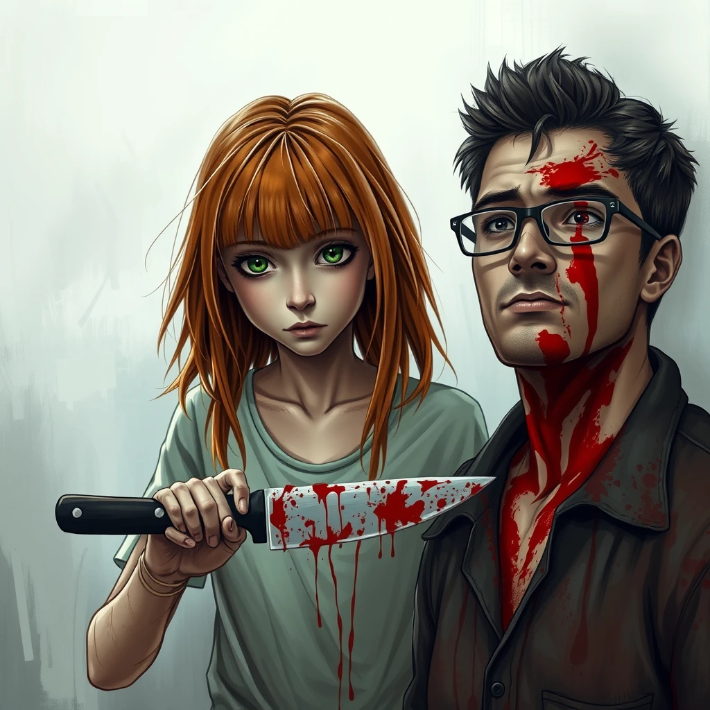 A horror scene; a short, skinny teenage girl with long ginger hair and bangs, green eyes with a knife cutting a tall young Italian white guy who wears glasses, covered in blood. - Image