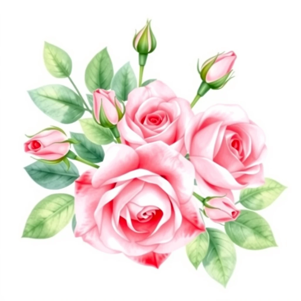 Pink roses, Watercolor painting, Delicate petals, Green leaves, Transparency, Delicate lines, Fresh and natural, White background, Elegant flowers, Soft tones, Buds and leaves, Romantic aesthetics.