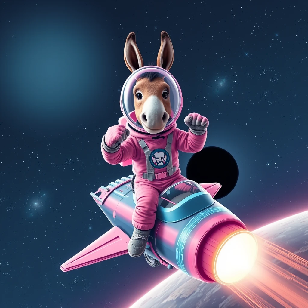 An ambitious donkey wearing pink astronaut costume, riding on a crystal light cyan stunning spaceship, making a punching gesture, flying to the outerspace under a clear night sky with lots of shining stars, passing by a huge black-hole. Realistic style. - Image