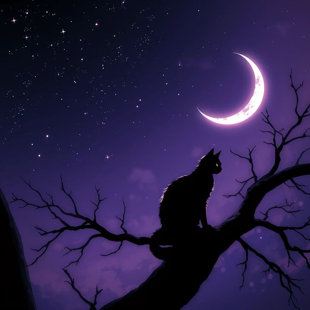 Anime, realistic, detailed background, masterpiece, best quality, 1 girl, mixed Korean, Kpop idol, surreal night scene, silhouette of a cat sitting on a tree branch, crescent moon in the sky, purple hues, starry night, dreamlike atmosphere, glowing edges, mystical, high contrast, ethereal light, detailed textures, whimsical, - Image