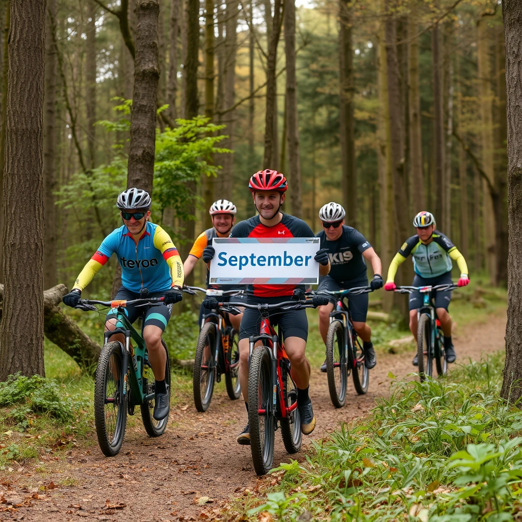 A picture of a group of mountain bikers in the woods in the Belgian Ardennes. One of them is holding a sign saying 'September'. - Image