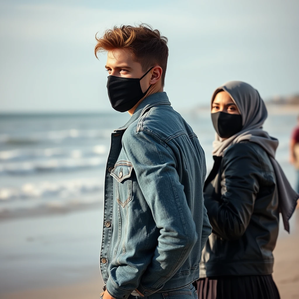 Jamie Dornan's head and body shot, handsome, black face mask, denim jacket, jeans, dating, love couple, hug from behind, with the biggest grey hijab Muslim girl, black face mask, beautiful eyes, black leather jacket, biggest skirt, at the beach, hyper-realistic, street photography, selfie. - Image