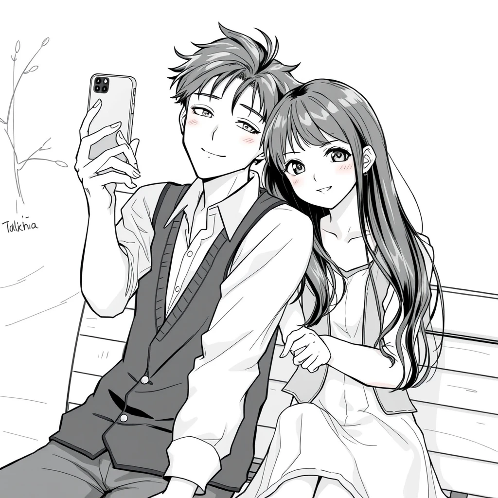 A girl in a shirt and vest took a selfie with her phone, a boy leaned on his shoulder, and they sat on a bench with their hands clasped. lineart - Image