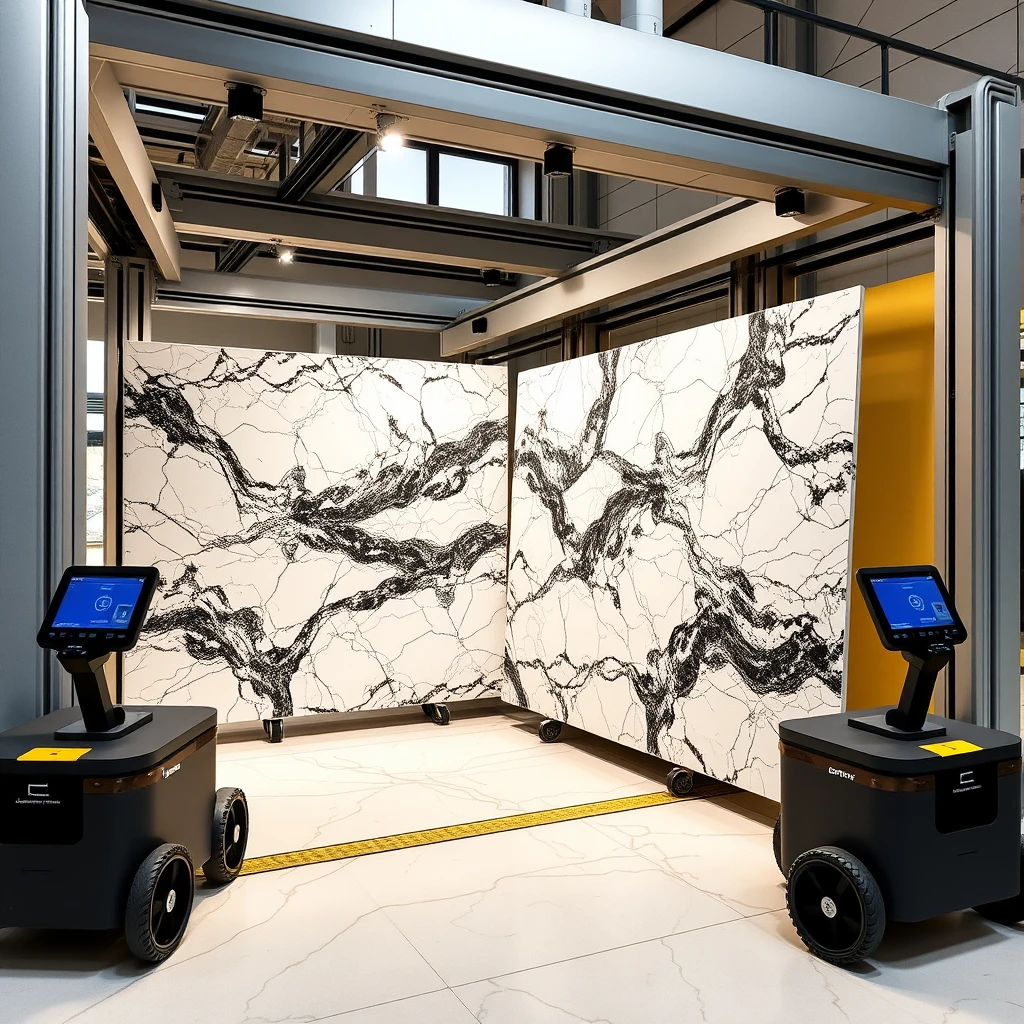 Smart, stylish automated display system that can hold large 4-meter-sized polished marble panels, allowing them to be transported on AGVs and oriented either vertically or horizontally in book match format for the best viewing experience.