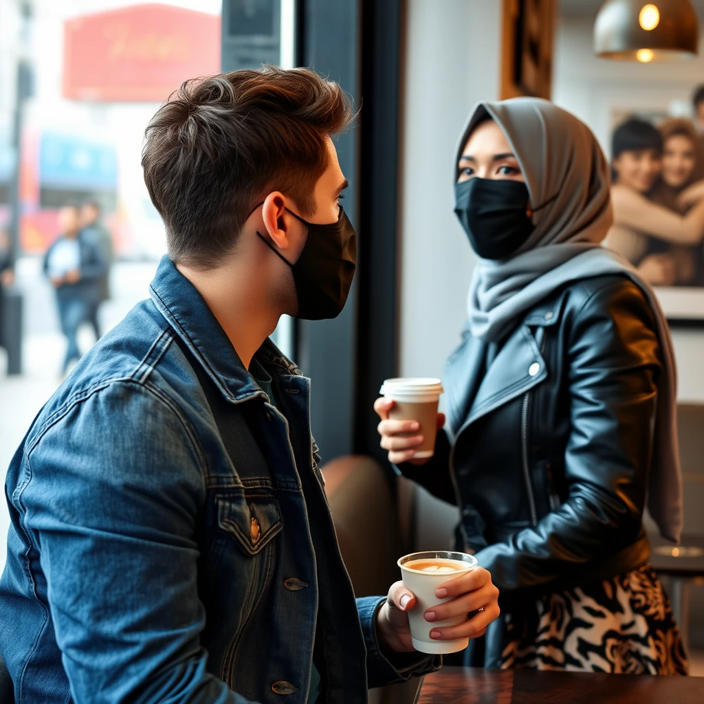 Jamie Dornan's head and body shot, handsome, black face mask, blue jeans jacket, jeans, dating a Muslim girl in a grey hijab, beautiful eyes, black face mask, black leather jacket, biggest tiger pattern skirt, at a café, cup of latte, photorealistic.