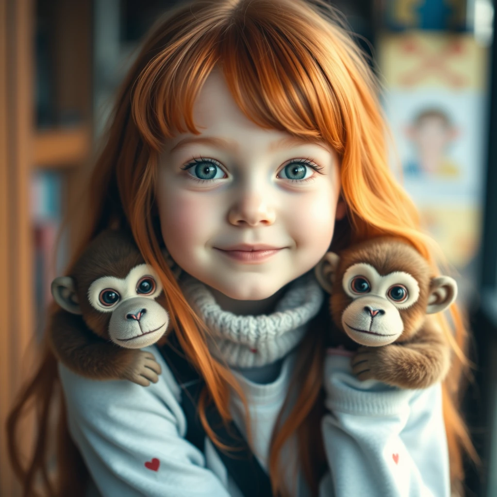 Beautiful young redhead girl with bangs, green eyes, long hair, cute clothes and monkeys.