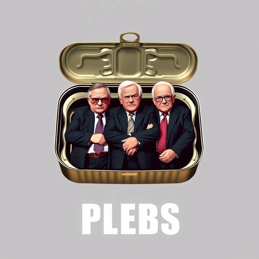 A playful tee shirt design of an open sardine can with the twist-off top, featuring five affluent older men standing upright and packed shoulder to shoulder in business suits, scowling, with the text "PLEBS" underneath as a tee shirt design. View from the front. - Image