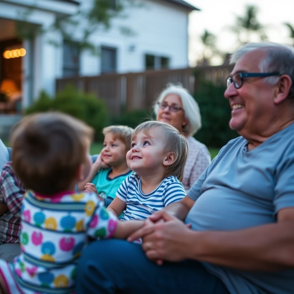 Picture of kids watching a movie with grandparents outside.