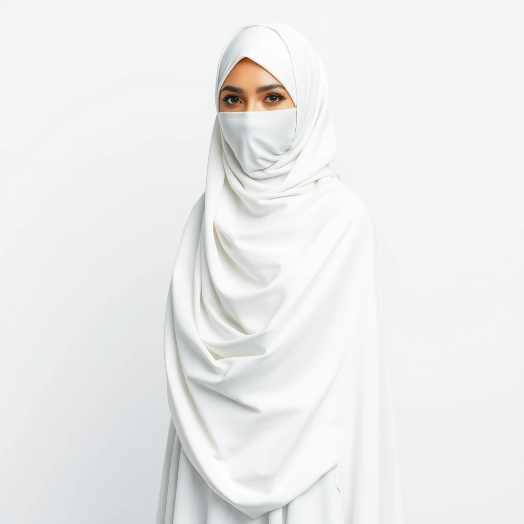 "Generate an image of a Muslim Arabic woman wearing a white niqab and a long, flowing gown. The niqab should cover her face while the gown should be elegant and modest, reflecting traditional Islamic attire. The background should be neutral or softly textured to ensure the focus remains on the woman and her attire. The lighting should be soft and even to highlight the details of the niqab and gown. 8k HD"