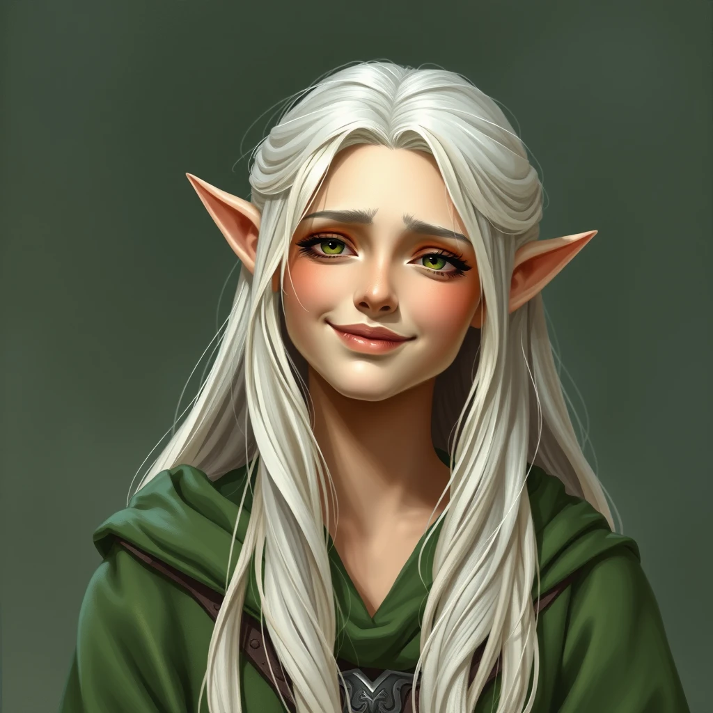 premium portrait photography. a female elf. platinum blonde hair. happy but tired expression on her face. wearing long green robes. tall and regal. - Image