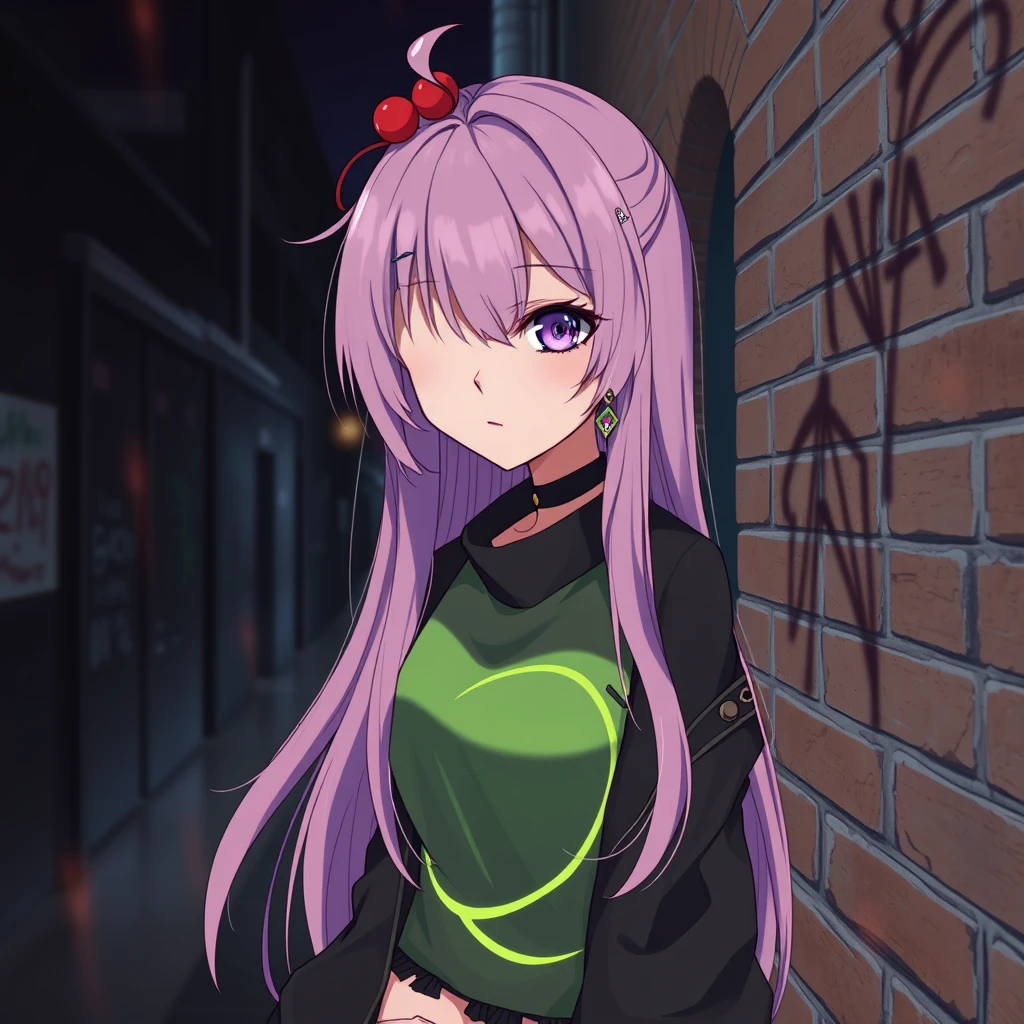 anime girl, detailed, solo, intricate details, chromatic aberration, realistic, long hair, pink hair, red head ornament, pink highlights, hair over one eye, purple eyes, earrings, sharp eyes, choker, neon shirt, torn legwear, open jacket, turtleneck sweater, night, against wall, brick wall, graffiti, dim lighting, alley, looking at viewer - Image