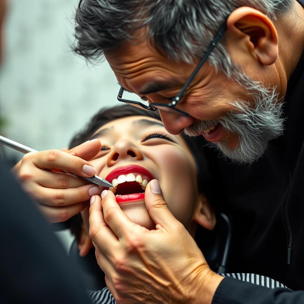 A portrait, facial shot, of an elderly barber checking the teeth of a 12-year-old Korean boy with a feminine appearance who is wearing makeup and lying on a barber chair.