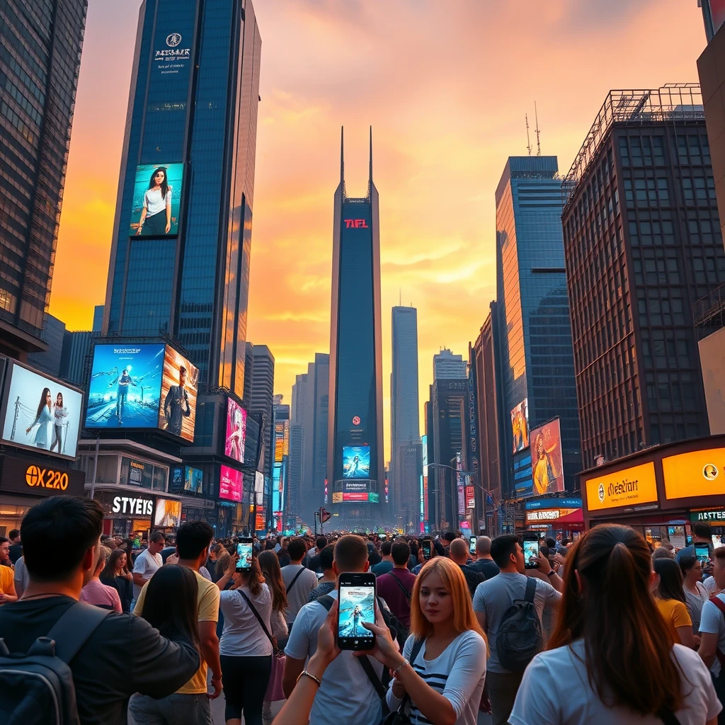 A bustling futuristic cityscape at dusk, with towering skyscrapers adorned with animated AR billboards and holograms. The sky is a blend of warm oranges and cool purples, casting a captivating glow over the scene. In the foreground, a diverse group of people interact with AR elements through their smartphones, showcasing the immersive experiences Dreemar’s platform offers. The image is captured in 4K resolution with a professional wide shot, highlighting the seamless integration of AR technology in everyday life and the vibrant energy of the city.
