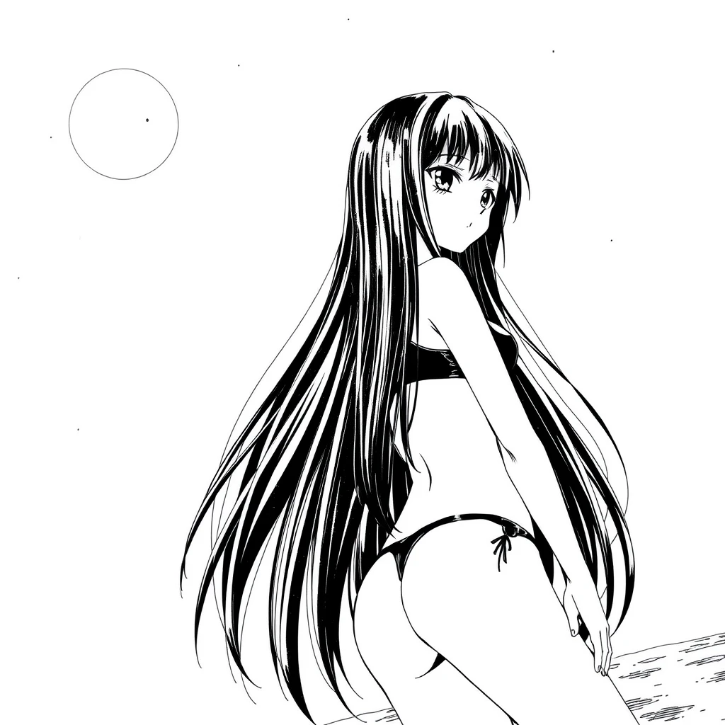 Girl with long, black hair in a black bikini. In the background, a black sky with a big, bright moon. Manga, grayscale.