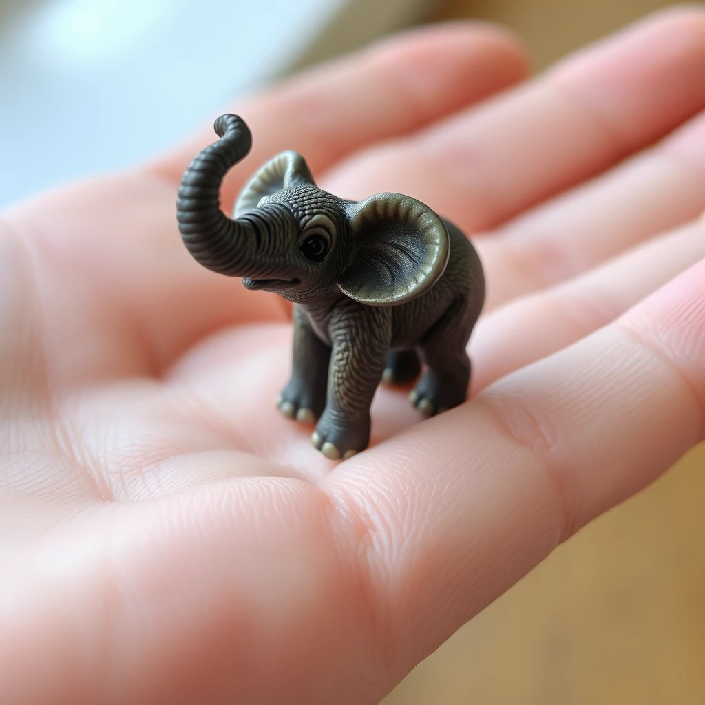 A very small tiny realistic cute elephant in a hand.