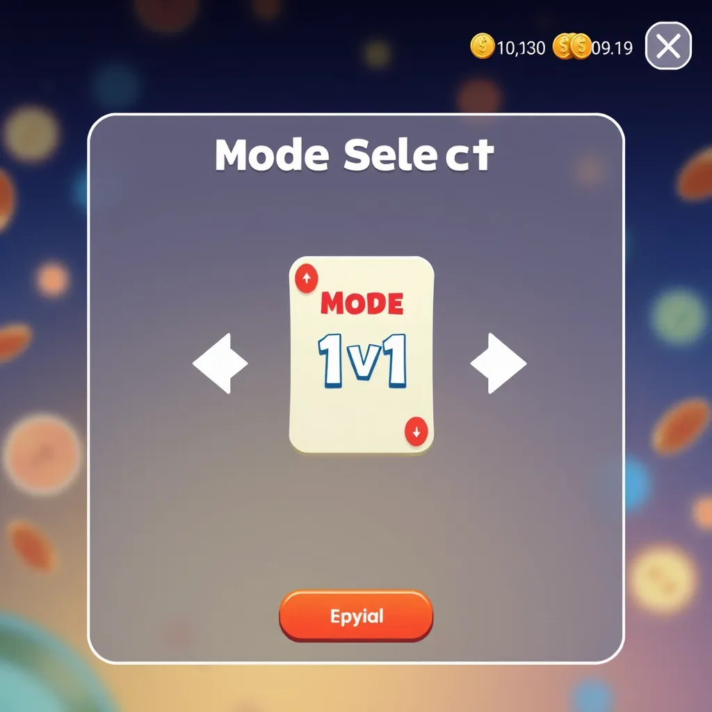 a mode selection menu, a card in the middle which hints the mode of 1v1 and there are arrows left and right to change modes, top right corner shows the current coins, vibrant colors, The overall atmosphere should be fun, light-hearted, and engaging, suitable for a digital game environment. - Image