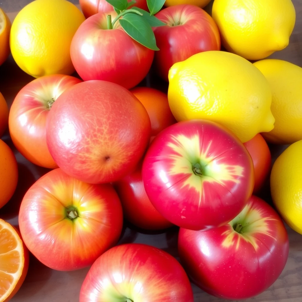 In the image, include fresh oranges, red apples, and bright yellow lemons, all arranged naturally on a wooden table. The fruits should look juicy and ripe, with some of them sliced to show their interiors.