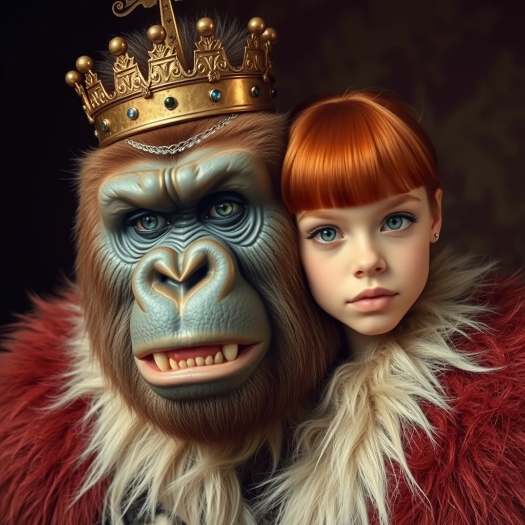 King Fierce Gorilla Next to a Cute Ginger Russian Green-Eyed Bangs Hair Teenage Princess Vintage Style. - Image