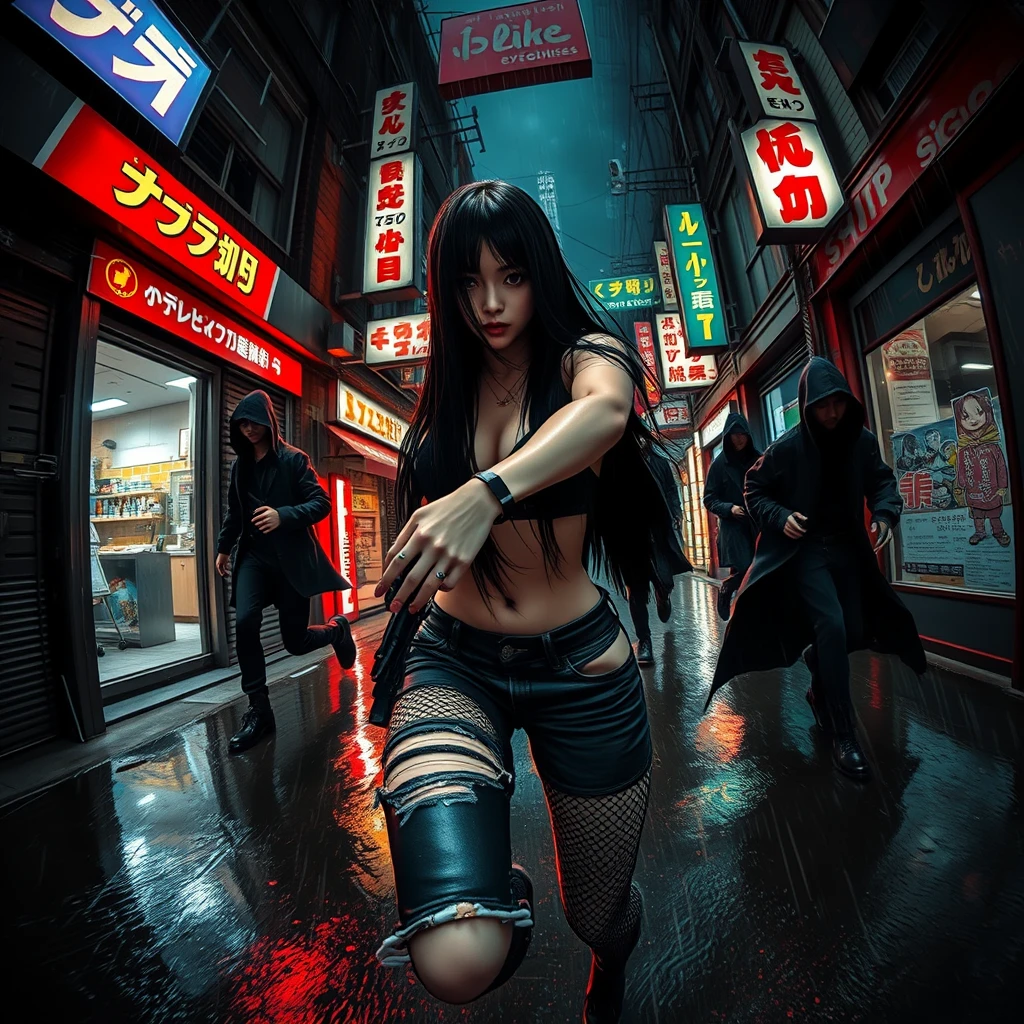 A sexy, alluring cyberpunk Japanese female with long, straight black hair is sprinting desperately down a dark, dystopian urban alleyway while being chased by cyberpunk assassins in hooded cloaks. She holds a revolver pistol in her right hand and is wearing ripped jeans and ripped fishnet leggings. She is slightly turned toward her pursuers, with a bokeh effect, depth of field, and rain creating wet surfaces and wet hair. She has cybernetic implants and the scene is captured using a fisheye lens with a high field of view, in a grunge graffiti art style. Japanese shop signs and neon lights with realistic lighting fill the background, giving it a dark and gloomy atmosphere. The art style resembles manhwa, with realistic lighting and reflections, presenting a high-quality concept art piece in 8k resolution. The camera shot is a close-up, featuring realistic hands and a realistic pistol. - Image