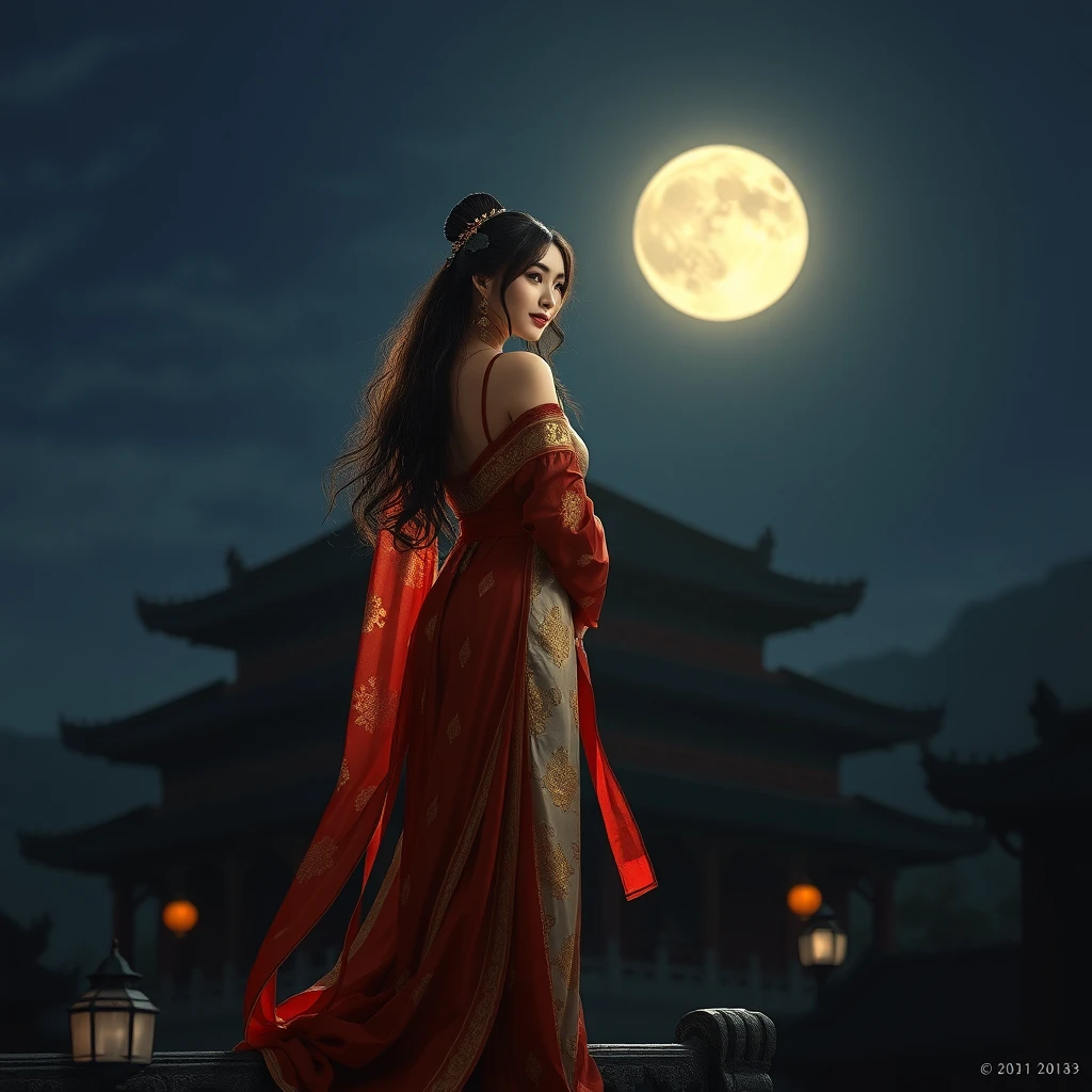 "A classic Chinese beauty stands on ancient architecture at night, with the moon shining brightly." - Image