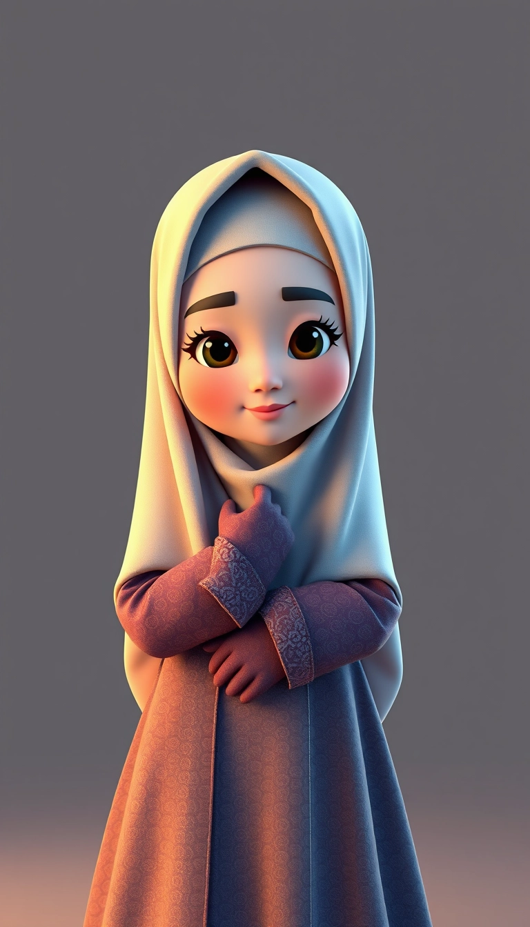 A 3D, 8k animated cartoon depiction of a Muslim woman from Palembang, wearing a traditional long songket and a long gown (gamis). She is adorned with a hijab that covers her chest and wears batik gloves covering her hands.