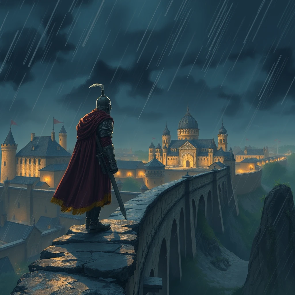 In an ancient city, a chivalrous hero stands alone on the city wall on a stormy night. - Image