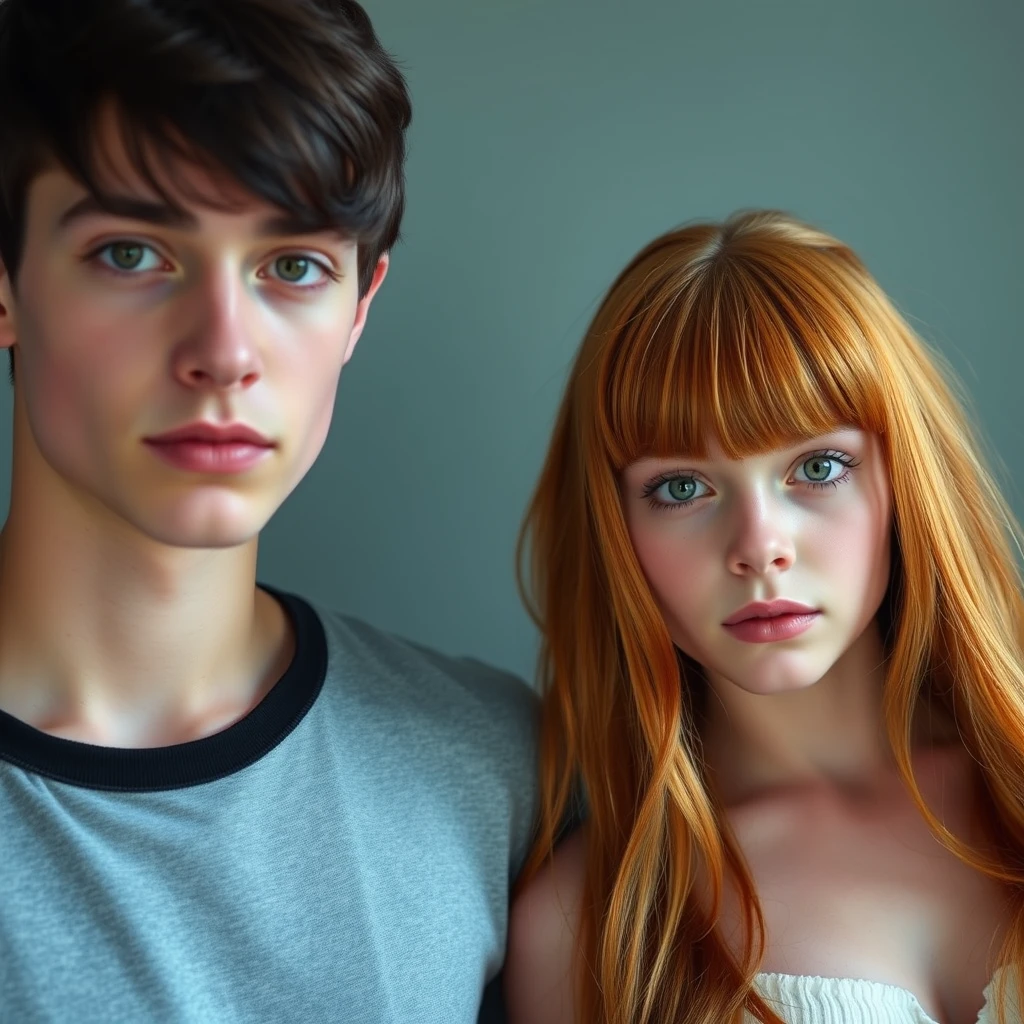 Short skinny teenage girl with long ginger hair with bangs, green eyes, and big breasts, and a young, tall, white guy with black eyes and black hair. - Image