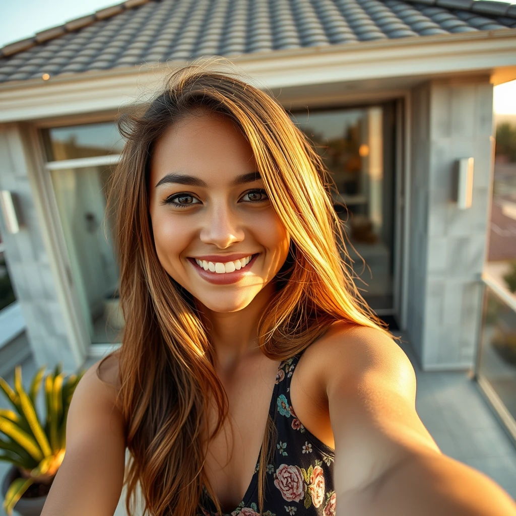 Beautiful girl taking selfie on luxury home roof, realistic.