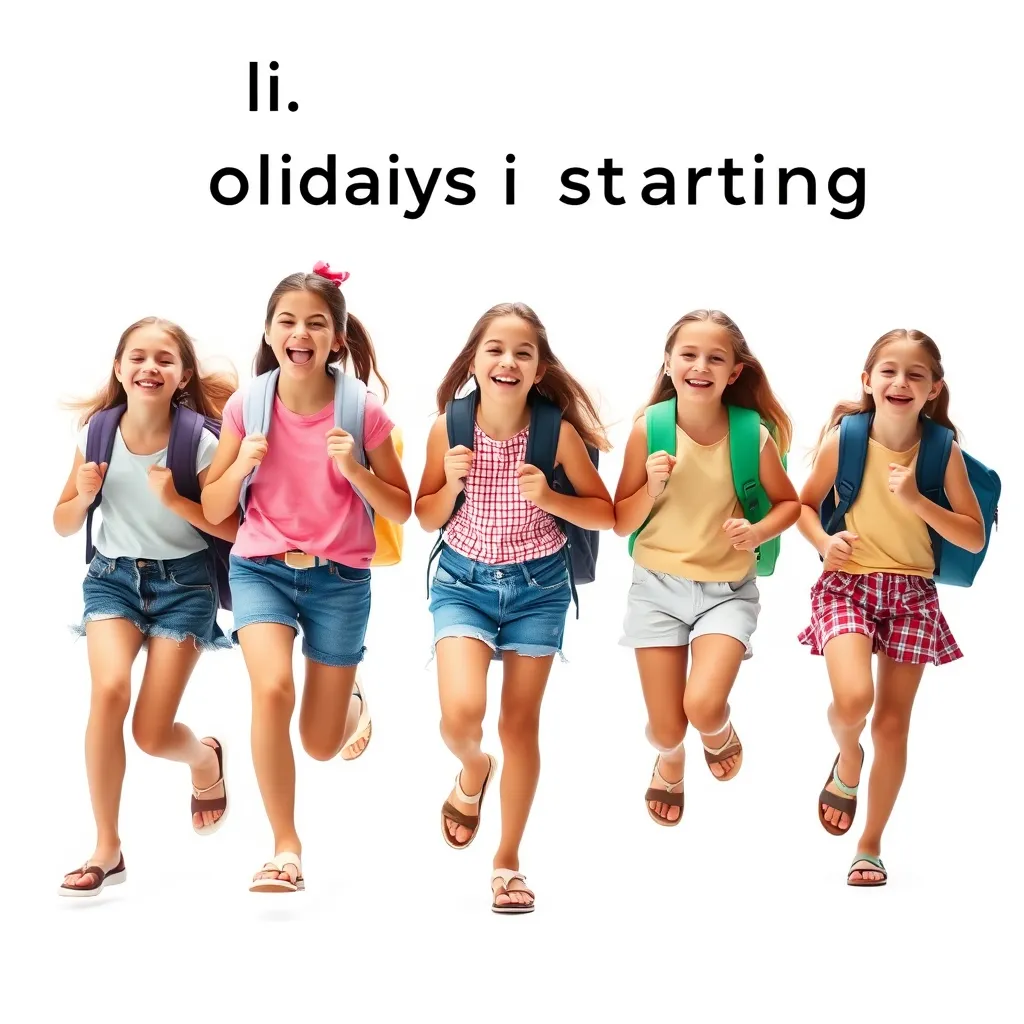 Create a photo of a group of teenage girls wearing summer clothing and sandals. They are joyfully running towards the camera because the holidays are starting. They are carrying school backpacks and cheering. The background is white, with no text. The children are fully visible.