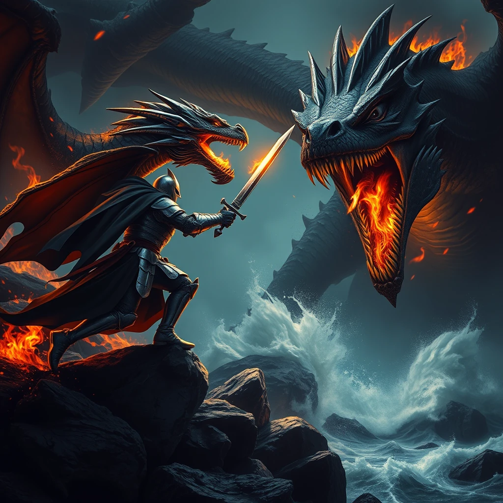 A knight in shining armor, facing a fearsome dragon, is jumping towards the dragon. The dragon opens its mouth, revealing sharp teeth, and breathes fire. It's an epic battle with a burning sword in the knight's hand. This is set in a dark fantasy world, with detailed armor that glimmers amidst flames and the dragon's scales. Dramatic lighting casts shadows, barely illuminating the surroundings. The atmosphere is heavy with tension as the sea crashes violently against the rocks. The creature's immense size dwarfs the solitary human, who stands as a lone figure against the ancient, otherworldly beast. The color palette is dark, filled with deep blacks and greys, high in contrast. - Image