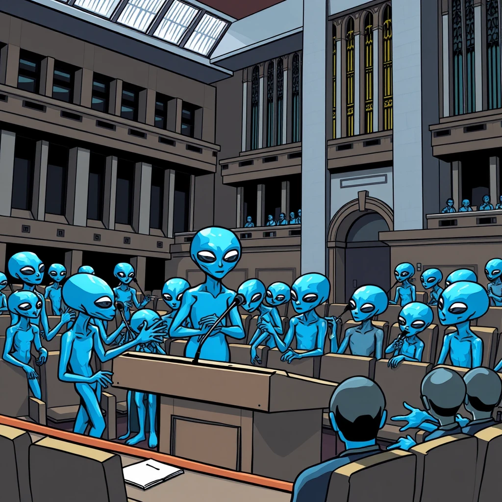 Blue aliens doing a speech at parliament house in Canberra. - Image