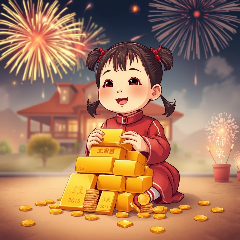 The little girl is sitting on the ground holding a pile of gold bars and coins. She has two pigtails and wears red clothes. There are firecrackers and the word "福". Behind her is a villa. The fireworks in the sky light up everything. Modern style. - Image