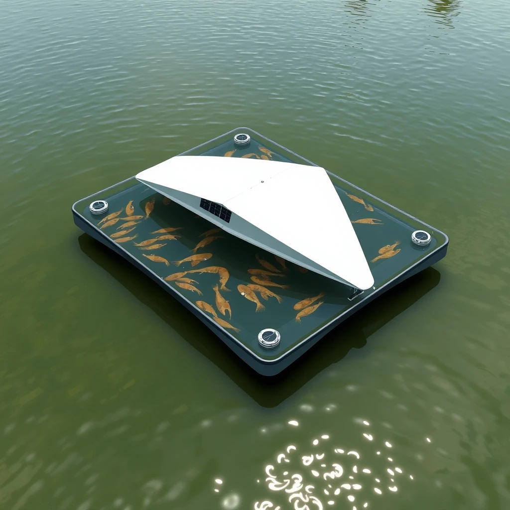 Smart minimalist design of an aerodynamic floating catamaran platform in the aquatic shrimp farm, the platform with sensors to locate shrimp presence and navigates autonomously there to dispense food grains, powered by solar panels and can use aerators to increase BOD where required. - Image