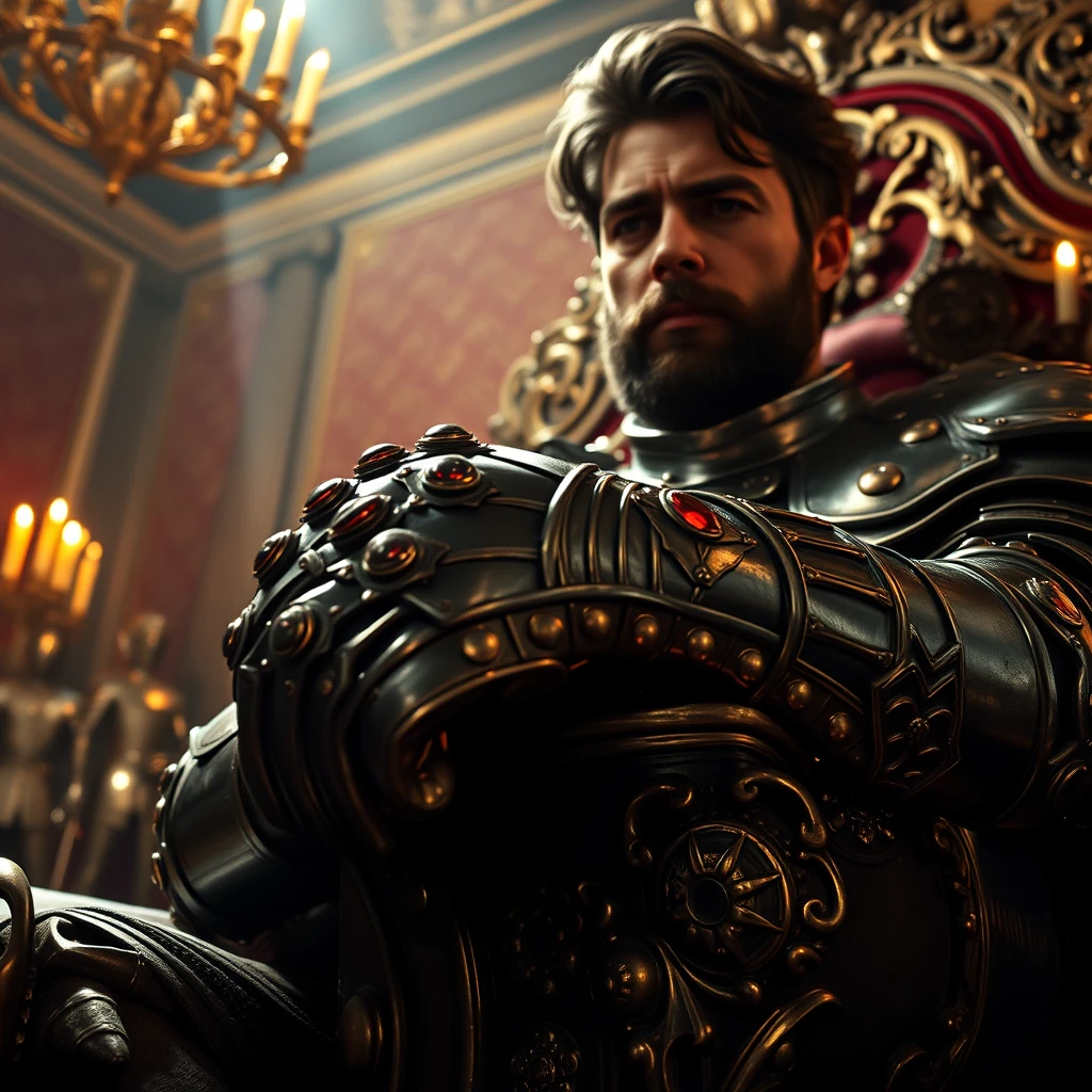 [Scene] A dramatically lit, oil-painting-esque photograph capturing a grand, opulent throne room. Gleaming suits of armor and rich tapestries adorn the hall, reflecting the warm glow of unseen torches. The perspective is slightly low, emphasizing the grandeur of the throne and the imposing figure seated upon it.

[Close Up] The usurper's gauntleted hand rests heavily on the ornate, jeweled armrest of the throne, the intricate details of the metalwork sharply defined in the light. A single ruby on his gauntlet catches the light, reflecting a malevolent gleam.

[Character 1] A handsome and powerfully built man, the usurper exudes an air of ruthless authority. His face, framed by thick, dark hair, is weathered and hardened by battle, yet retains a rugged handsomeness. He is clad in gleaming, meticulously crafted plate armor that accentuates his broad shoulders and powerful physique.

[Pose of Character 1] The usurper sits sprawled upon the golden throne, his posture radiating arrogance and dominance. One leg is casually draped over the armrest, the other firmly planted on the dais. His head is held high, chin slightly raised, and a smirk plays upon his lips as he surveys his conquered domain.

[Character 2] The deposed king, a frail and broken figure in tattered remnants of his once-regal robes, his face etched with despair and humiliation. His gray hair hangs limply around his shoulders, and his eyes are downcast.

[Pose of Character 2] The deposed king kneels abjectly at the foot of the throne, his body hunched in defeat. His head is bowed low, almost touching the usurper's armored boot. - Image