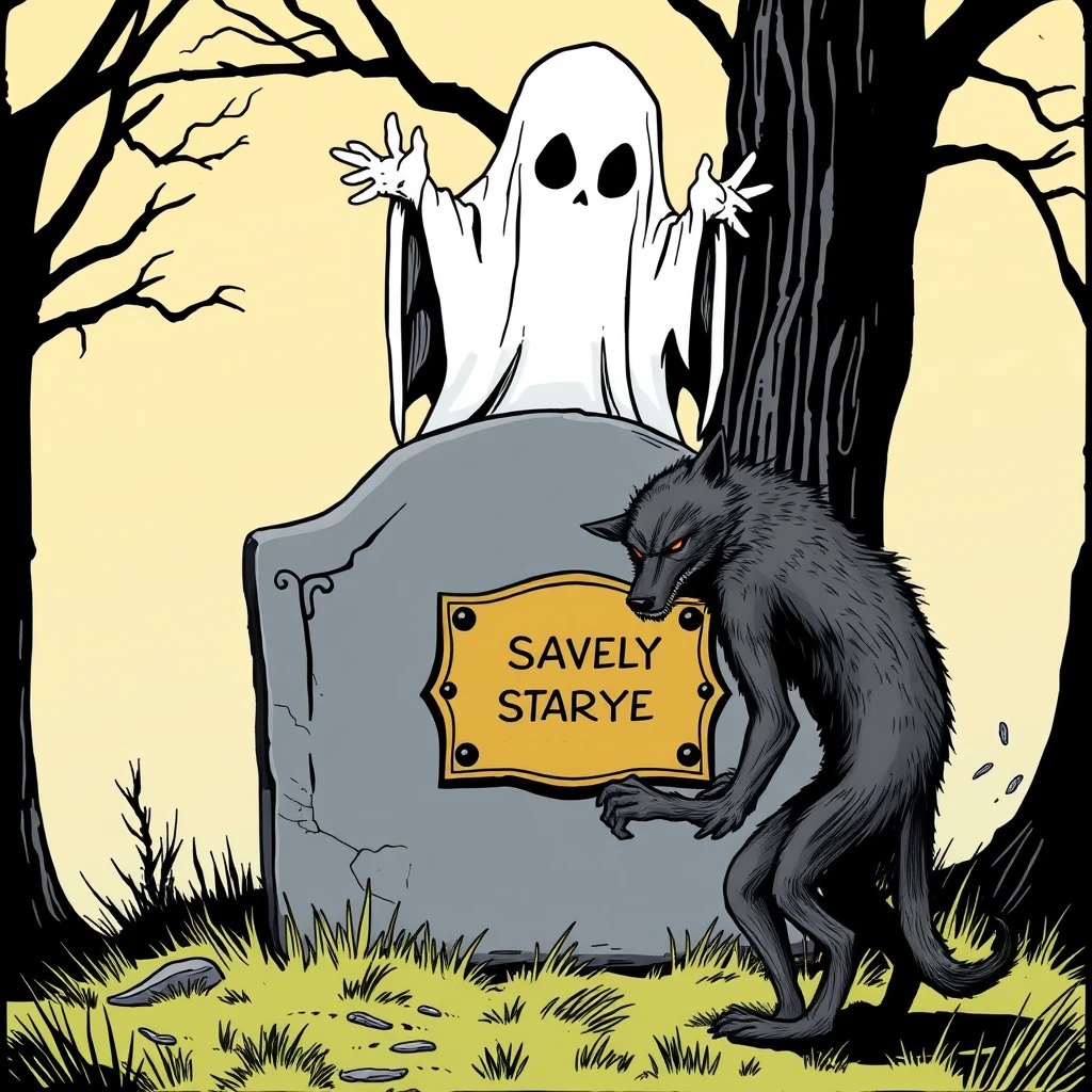 Graphic Novel: A ghost on its gravestone with a brass plaque, in front of it a bent werewolf folding its hands. - Image