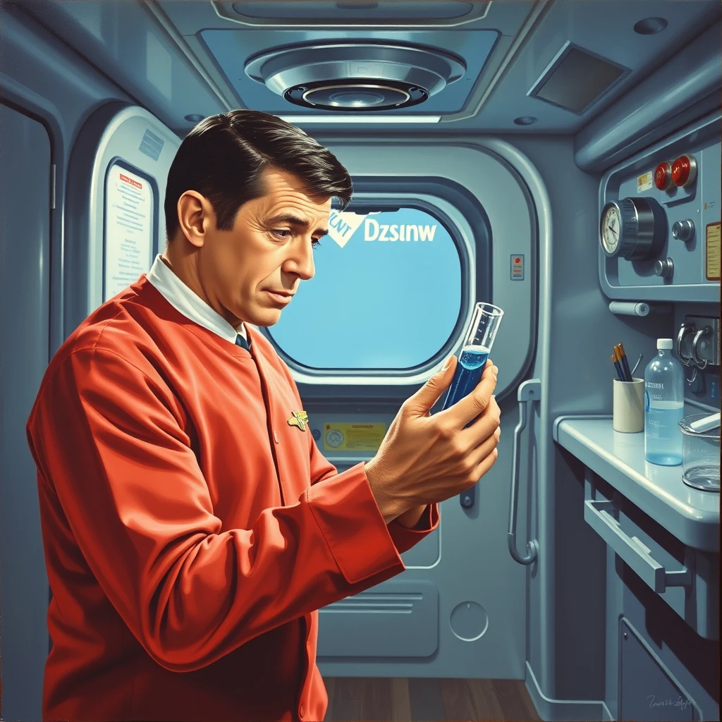 Deforest Kelly looks at a test tube of blue fluid in the sick bay of the 1966 USS Enterprise, as painted by Arthur Sarnoff.